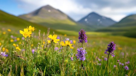 Soft-focus image of pastel wildflowers in highland field, gentle sunlight and hillsの素材