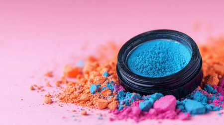 Pink-blue-orange powder makeup scattered beside minimal zero-emission device on soft pinkの素材