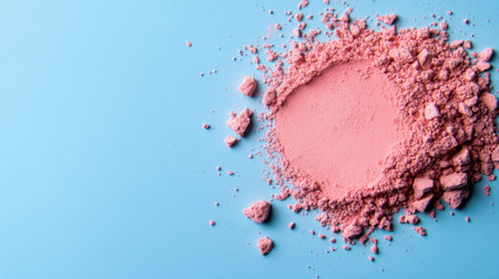 Pink makeup powder scattered on a smooth blue surface, soft textures and subtle sparkleの素材