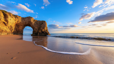 Sandy arch silhouette against vibrant blue midday sky, strong contrast in tonesの素材