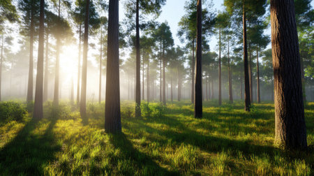 Serene pine forest at dawn with mist rolling through trees, perfect for nature and travel backdropsの素材