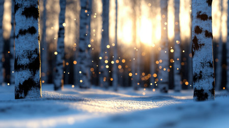 Snow falling gently around slender birch trees in a quiet forest, soft light filtering throughの素材
