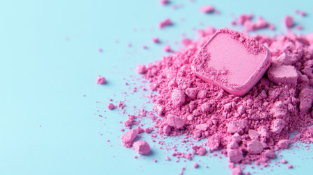 Sparkling pink powder makeup softly settled on light blue surface with minimal designの素材