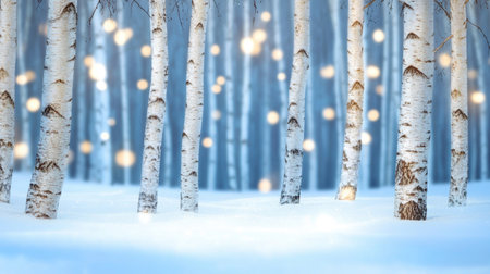 Snow falling gently around slender birch trees in a quiet forest, soft light filtering throughの素材