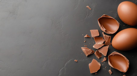 Artistic composition of broken chocolate egg with symmetrical shell cracks on dark stone surfaceの素材