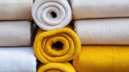 Stacked textile rolls in warm cream and yellow for aesthetic background useの素材