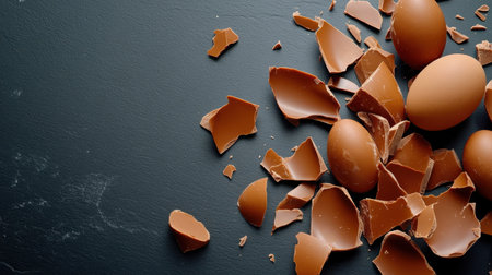 Shattered chocolate egg fragments scattered on a matte black surface, dramatic lighting highlighting rich texturesの素材