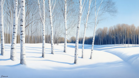 Bare white birch trees in deep snow, creating contrast in a peaceful winter sceneの素材
