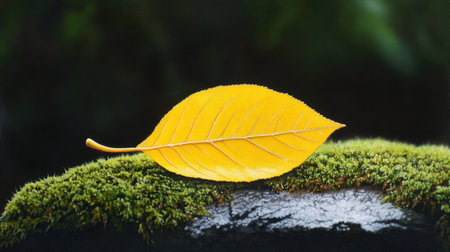 Autumn leaf in vivid yellow lying on a damp mossy rock, serene nature still lifeの素材