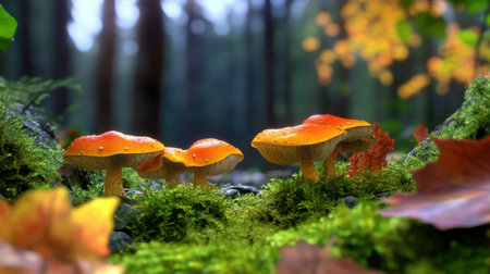 Bright fungi growing wild in a dense forest, framed by rich moss and fallen autumn leavesの素材