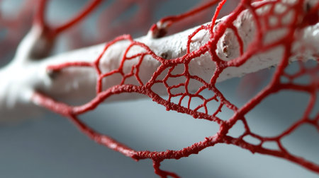 Artistic macro of red lacy foliage with intricate lines and shadows on branchの素材