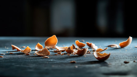 Bits of chocolate shell lying chaotically on a dark, moody surface, dramatic shadows castの素材