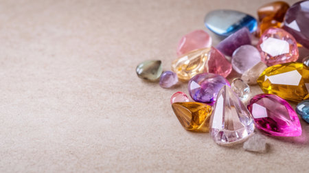 Assorted colorful gemstones in pink, blue, and yellow tones sparkling on a neutral backgroundの素材