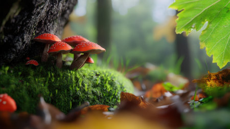 Bright fungi growing wild in a dense forest, framed by rich moss and fallen autumn leavesの素材