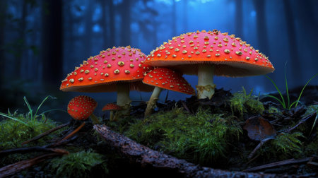 Bright toadstools popping against a dark, moist forest floor covered in moss and twigsの素材