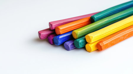 Bold rainbow chalk sticks overlapping on white backdrop, full of texture and colorの素材