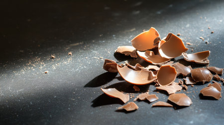 Bits of chocolate shell lying chaotically on a dark, moody surface, dramatic shadows castの素材
