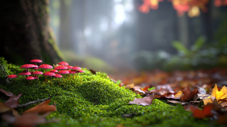 Bright fungi growing wild in a dense forest, framed by rich moss and fallen autumn leavesの素材