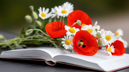 A floral arrangement of poppies and daisies resting on literatureの素材