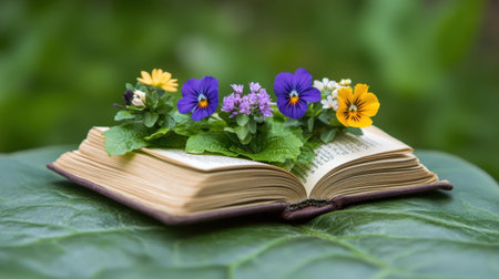 A literary garden: book pages cradling wildflowers atop a leafの素材