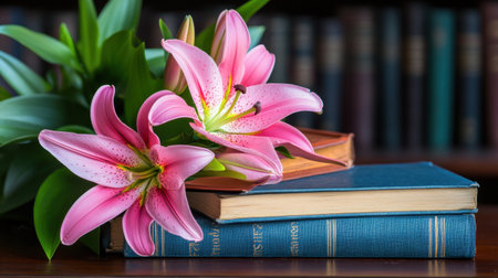 A lively arrangement of lilies on books evokes nostalgia and warmthの素材