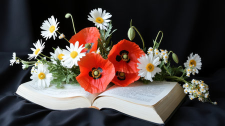 A floral arrangement of poppies and daisies resting on literatureの素材