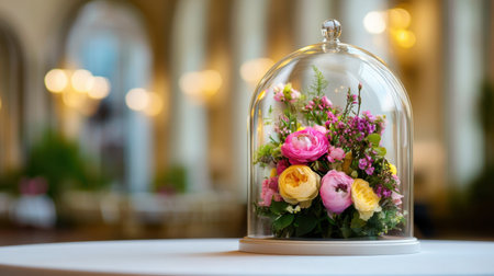 A romantic floral display captured under a glass dome, evoking timeless spring charmの素材