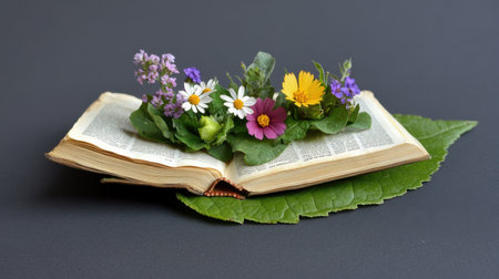 A literary garden: book pages cradling wildflowers atop a leafの素材