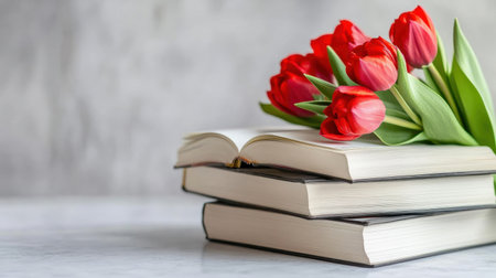 A pile of blank books giving birth to red tulips, symbolizing creativity and spring growthの素材