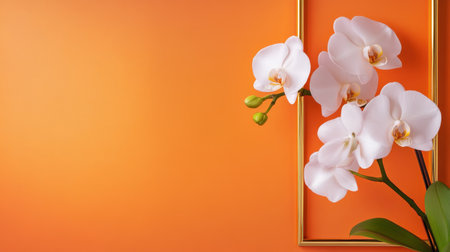 A pop-art style photo of orchids in a gold frame against vivid orangeの素材