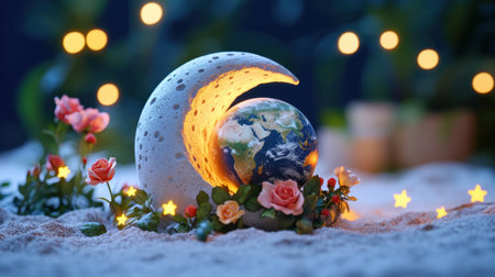 A moon sculpture holding Earth, decorated with rose blossoms and tiny glowing stars, magical botanical conceptの素材