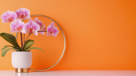 A modern still life of orchids and gold frame set on an orange gradientの素材