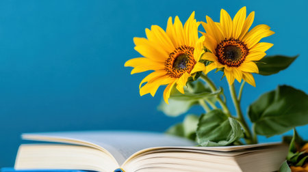 A whimsical scene where vibrant sunflowers sprout from the pages of blank white booksの素材