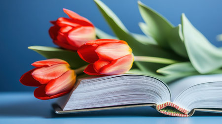 A pile of blank books giving birth to red tulips, symbolizing creativity and spring growthの素材