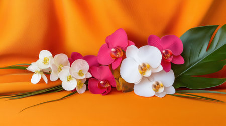 A vibrant composition featuring orchids framed in gold on orange velvetの素材