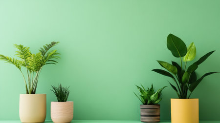 A soft green background complementing three unique potted houseplantsの素材