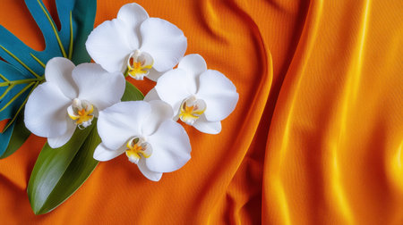 A vibrant composition featuring orchids framed in gold on orange velvetの素材