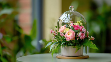 A romantic floral display captured under a glass dome, evoking timeless spring charmの素材