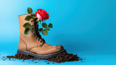 Artistic still life: boot with soil and rose on bright blue backgroundの素材