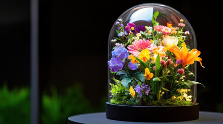Artful collection of flowers under a glass dome, glowing with ambient warm lightの素材