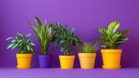 Assorted potted plants arranged artistically against a bold purple backgroundの素材