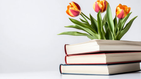 A surreal scene of tulips sprouting through the pages of a stacked book pile, isolated on whiteの素材