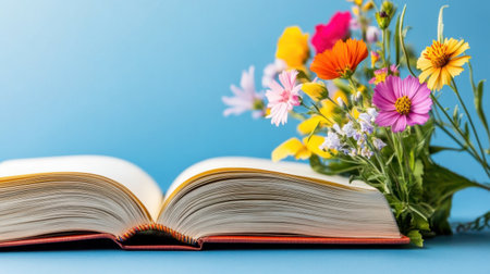 An open poetry book with multicolored floral accents rising from the spineの素材