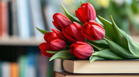 Blossoming red tulips rooted in literature--books stacked with tulips blooming from withinの素材