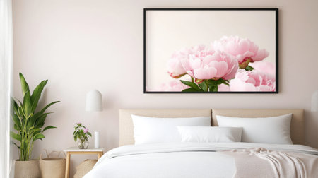 Blush pink peonies in a delicate pastel frame on a neutral backdropの素材