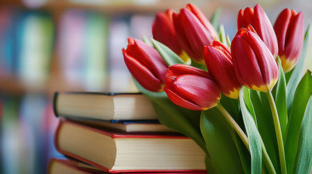 Blossoming red tulips rooted in literature--books stacked with tulips blooming from withinの素材