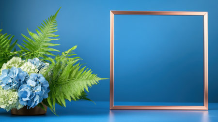 Bold blue backdrop contrasts a rose-gold frame filled with hydrangea and fernの素材