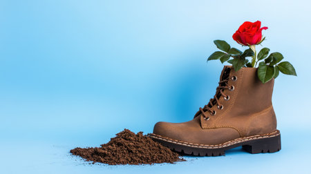 Artistic still life: boot with soil and rose on bright blue backgroundの素材
