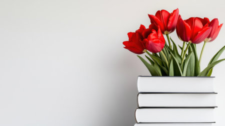 Bright red tulips blooming from the top of a stacked pile of white hardcover books on a clean white backgroundの素材
