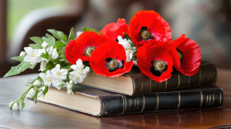 Books and blooms: red poppies with soft white florals resting on classicsの素材